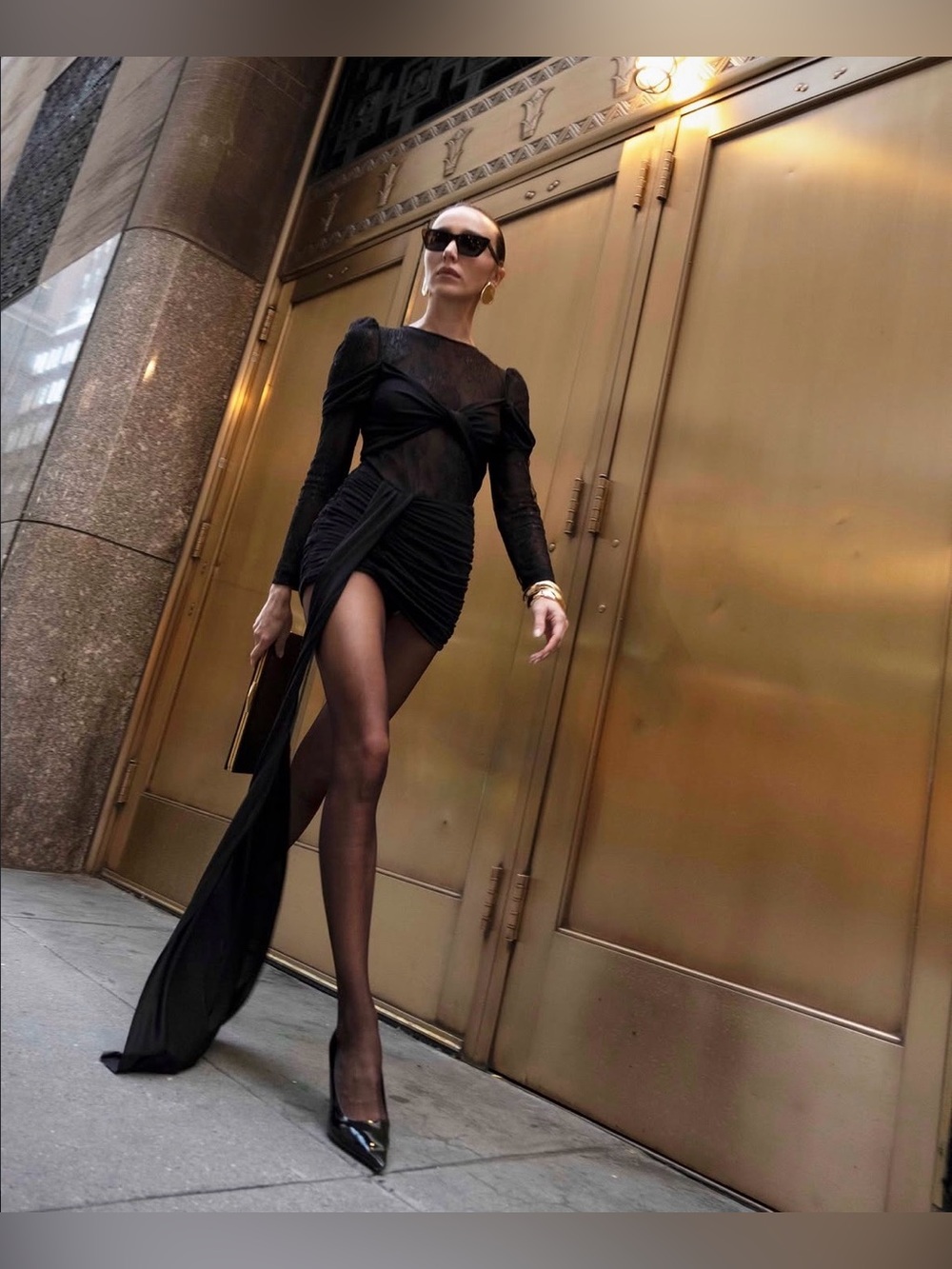 PatBO Black Asymmetrical High-Low Sheer Long-Sleeve Mini Dress